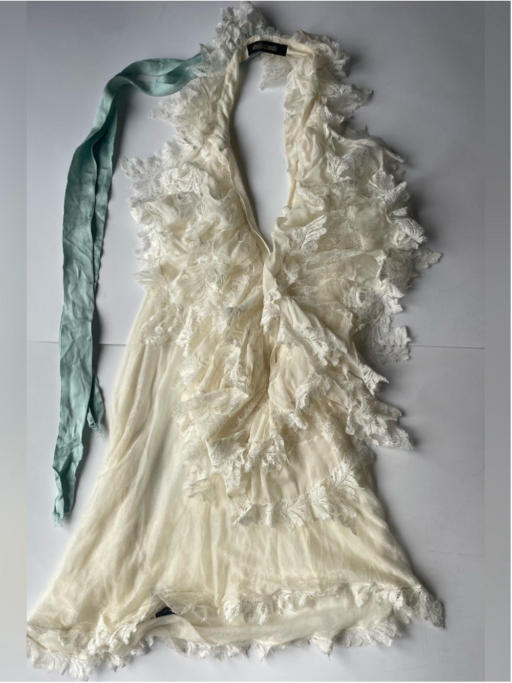 Roberto Cavalli Silk Lace Ruffle Halter Top Ivory open back button front - Picture 6 of 7